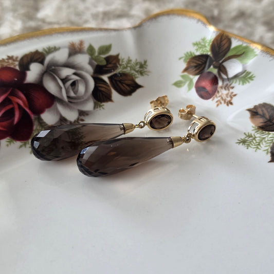 Vintage 14k gouden oorhangers rook kwarts