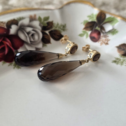 Vintage 14k gouden oorhangers rook kwarts