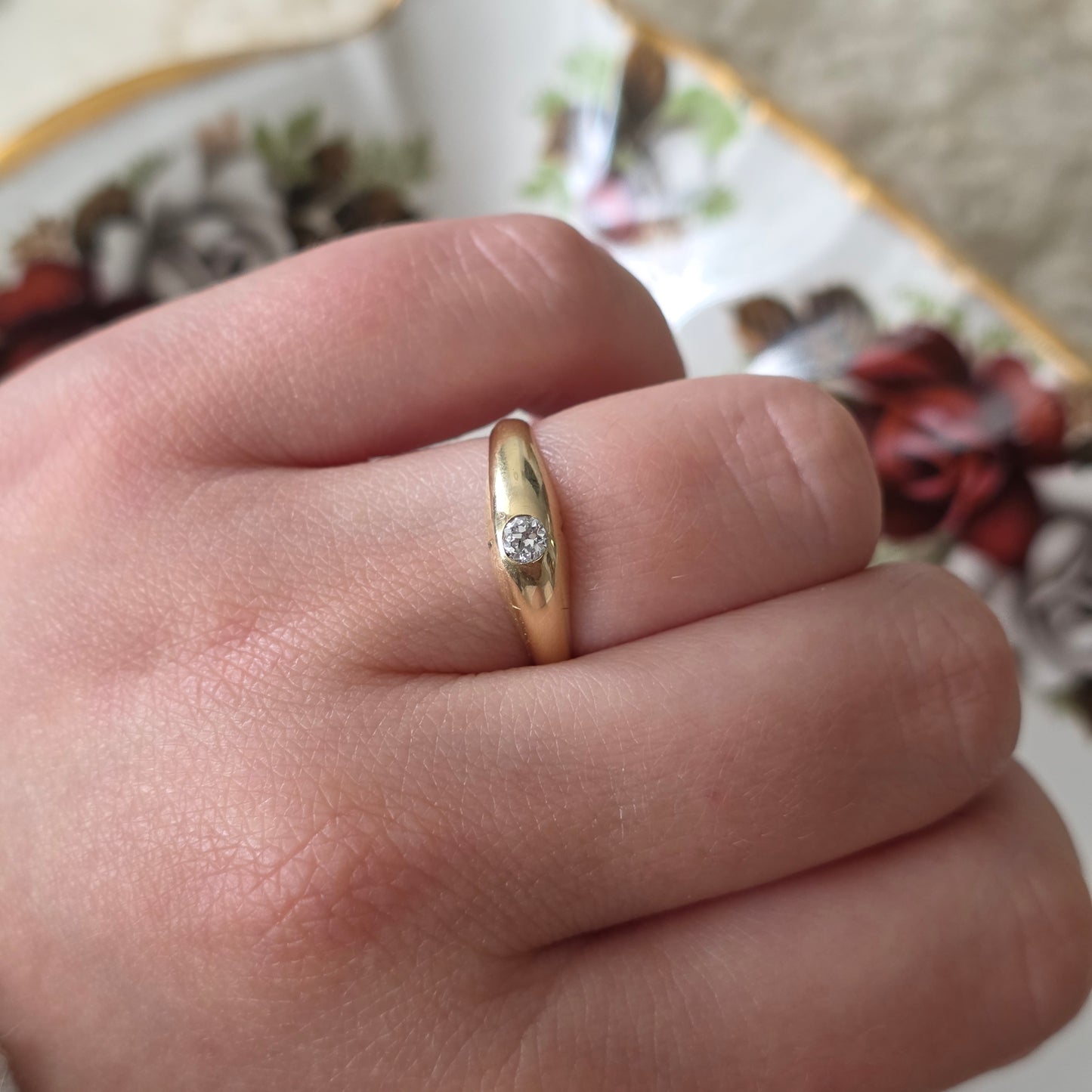 Vintage 14k gouden gypsy ring old european cut diamant 0.1ct