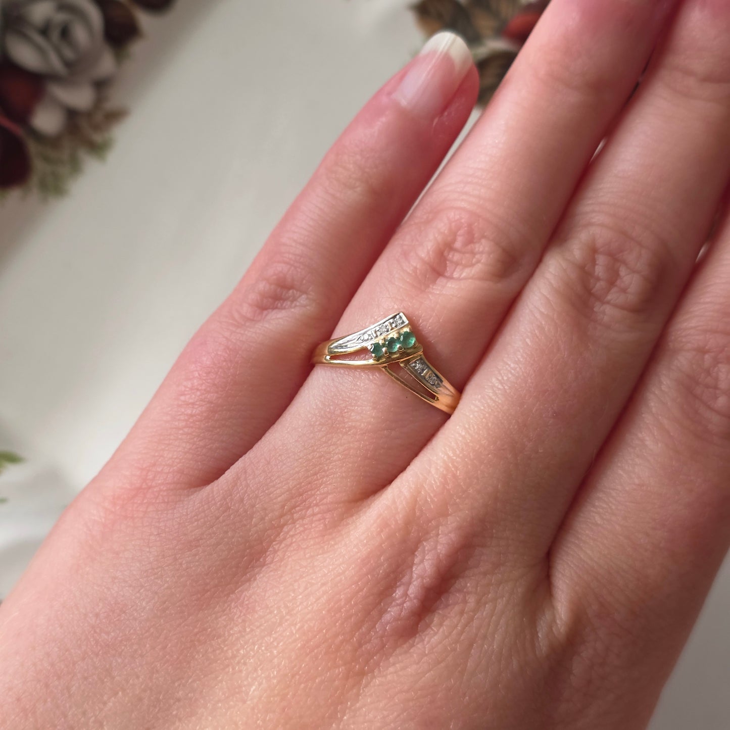 Vintage 18k ring met diamant en smaragd