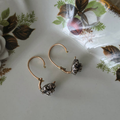 Antieke 14k gouden en zilver roosdiamant oorhangers
