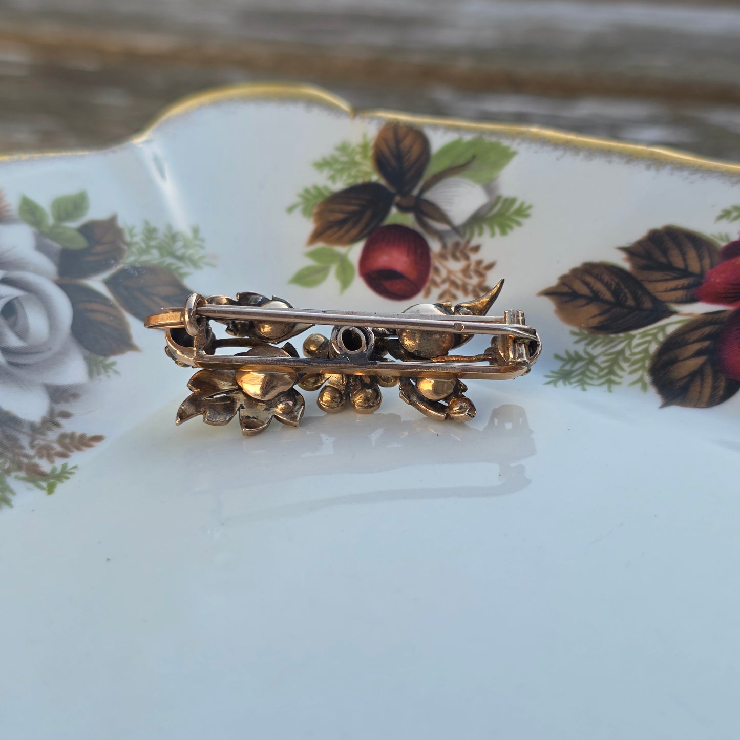 Antieke 14k gouden roosdiamant broche bloemtak en tremblant