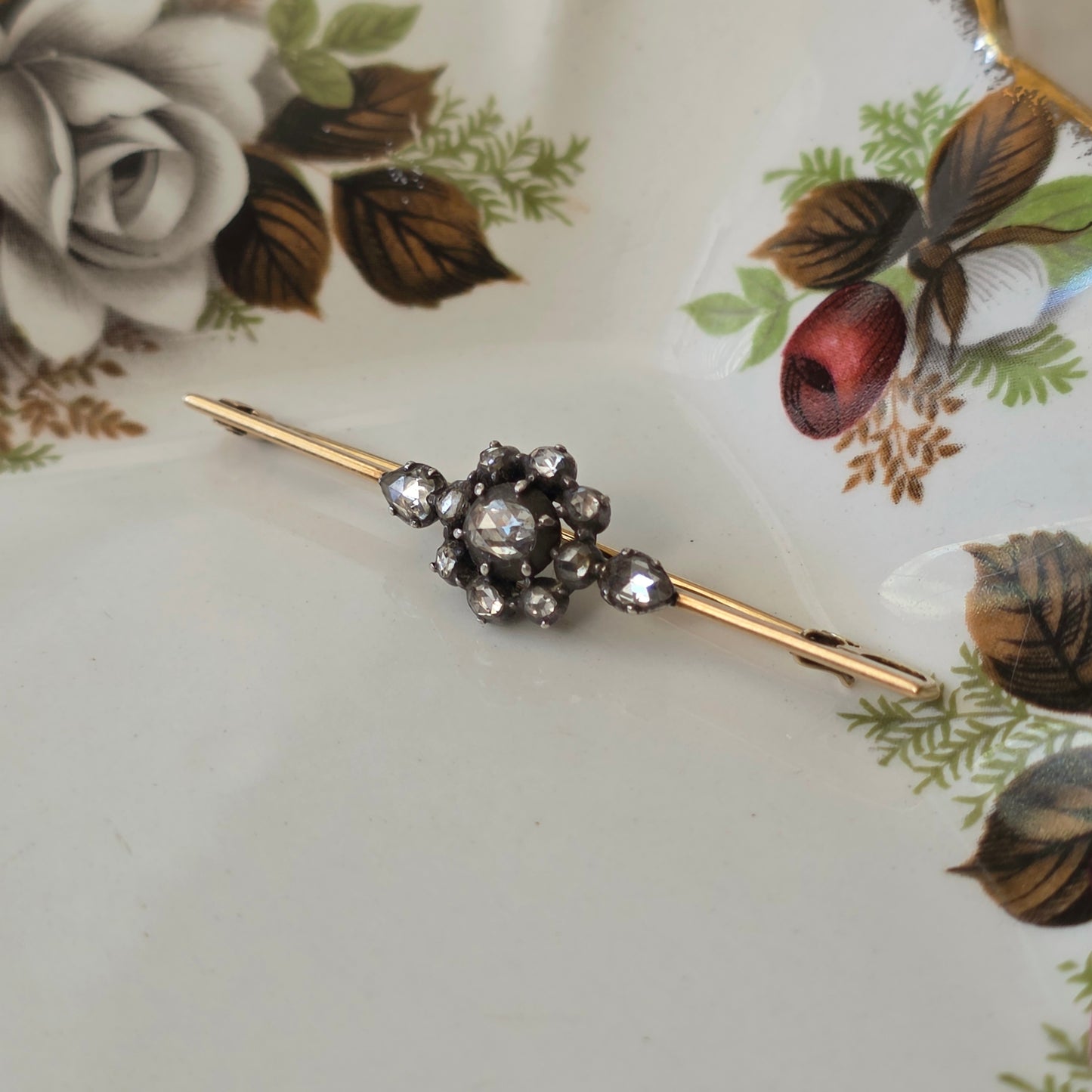 Antique 14k gold and silver rose-cut diamond brooch