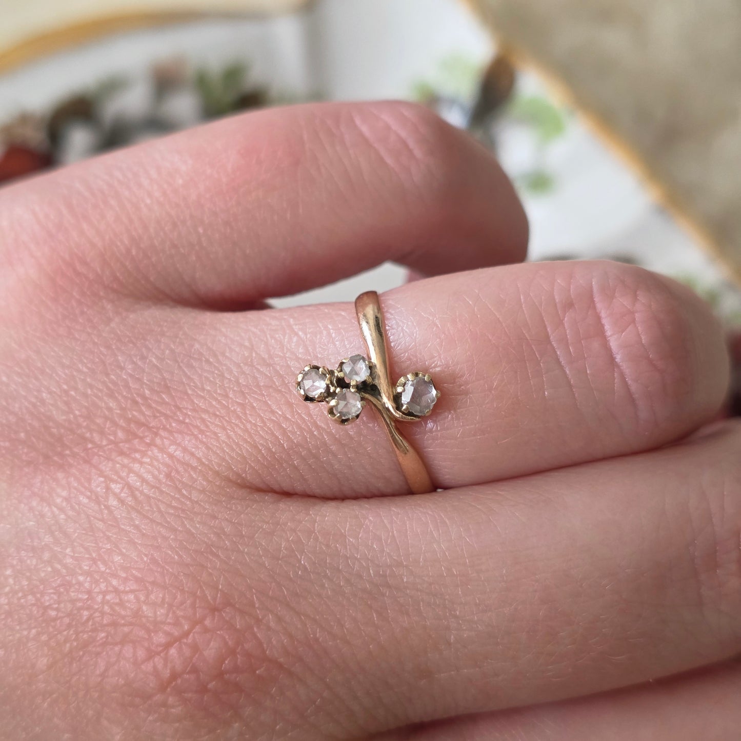 Antieke 14k roségouden ring met roosdiamanten