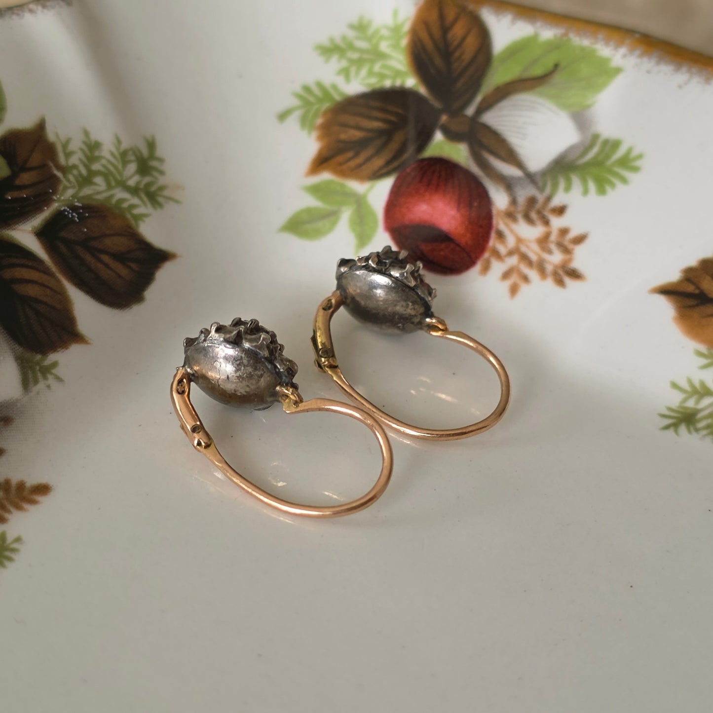 Antieke 14k gouden en zilver roosdiamant oorhangers