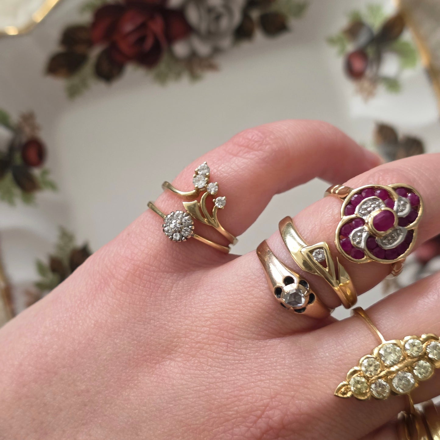 Vintage 20k gold navette ring with diamonds 0.46ct