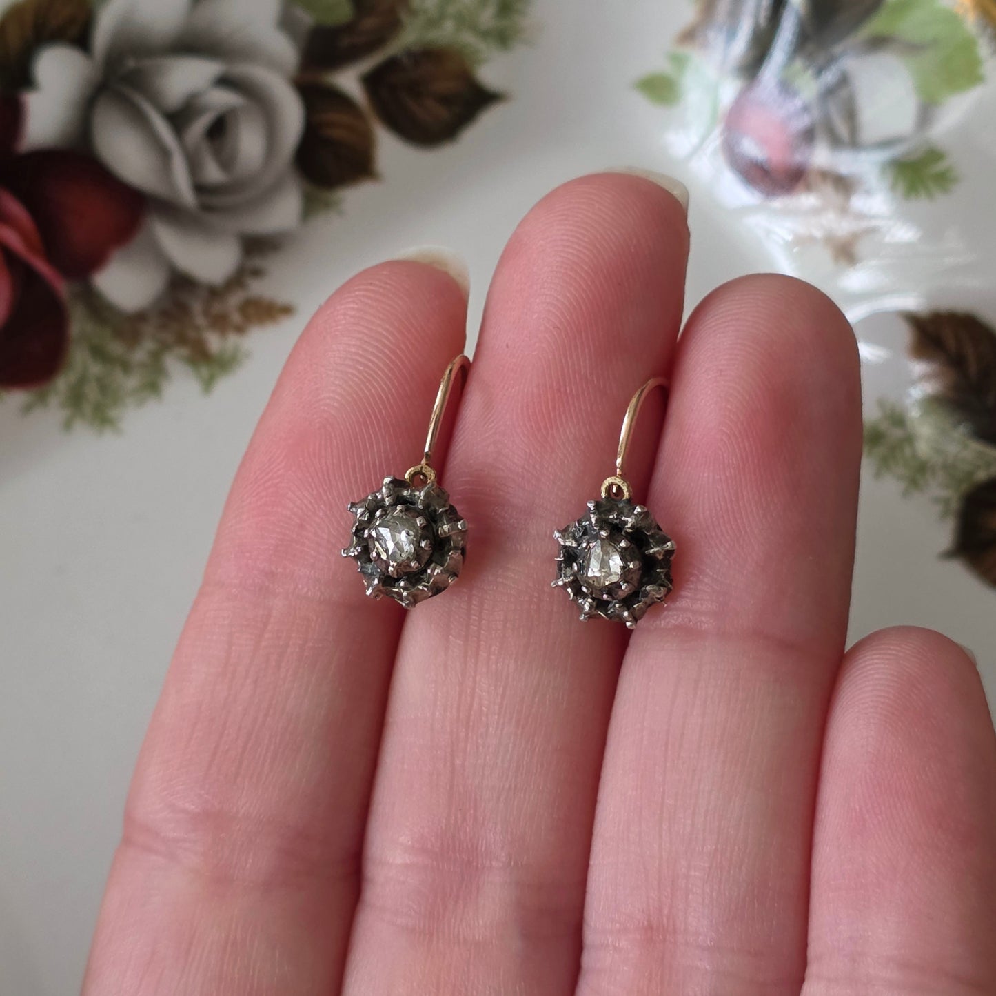 Antieke 14k gouden en zilver roosdiamant oorhangers