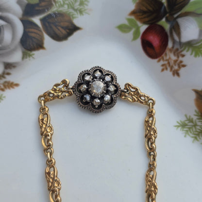 Antieke 14k gouden en zilver roosdiamant armband