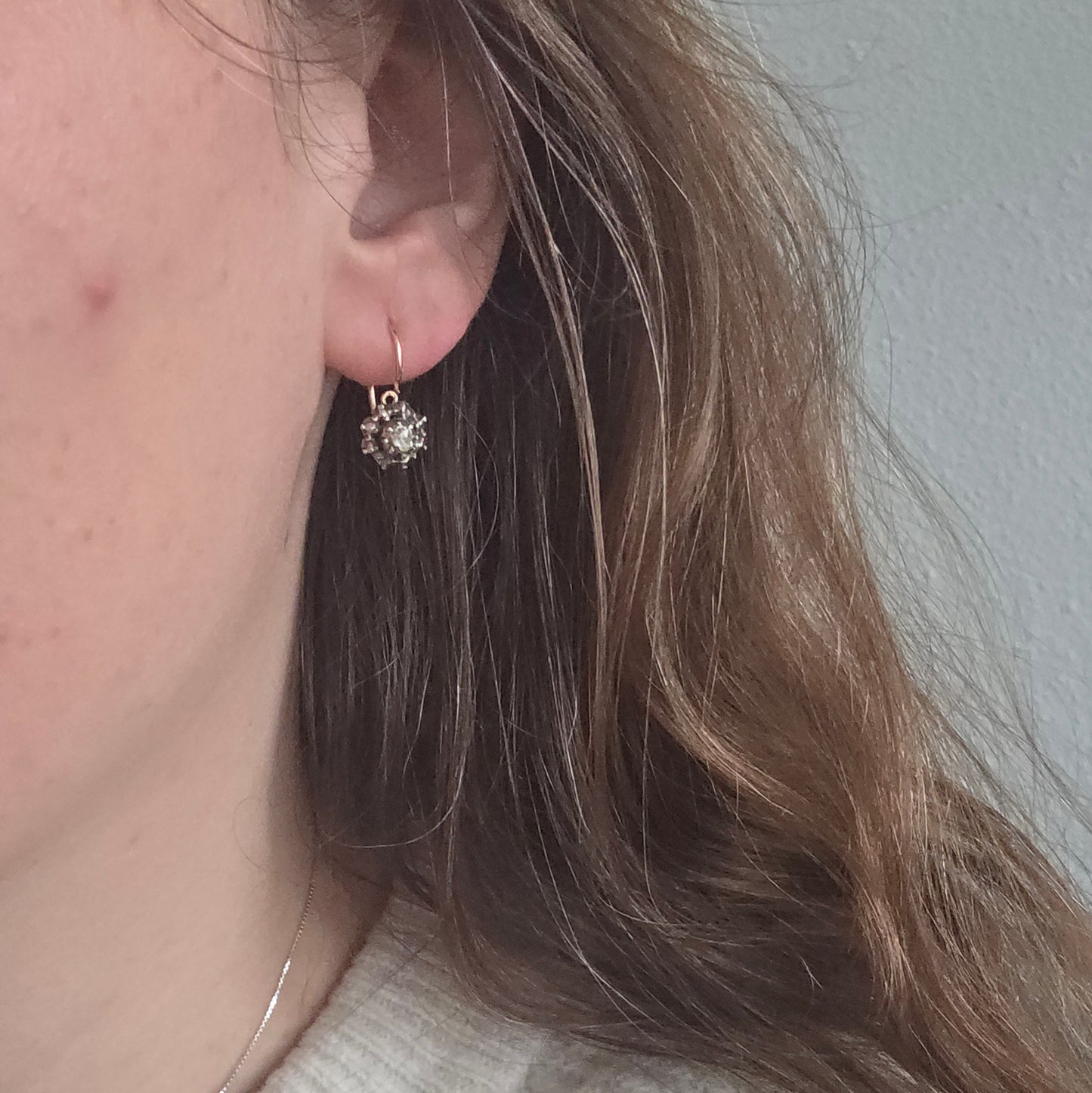 Antieke 14k gouden en zilver roosdiamant oorhangers