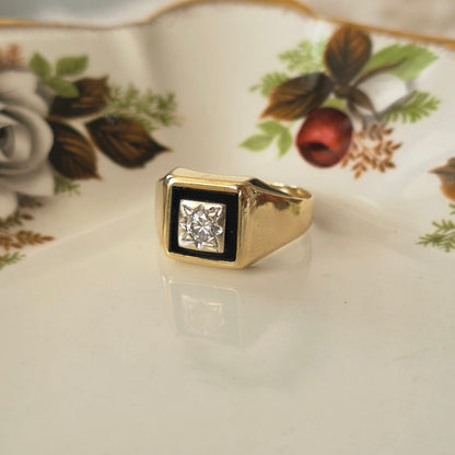 Vintage 14k gouden zegelring met onyx en diamant