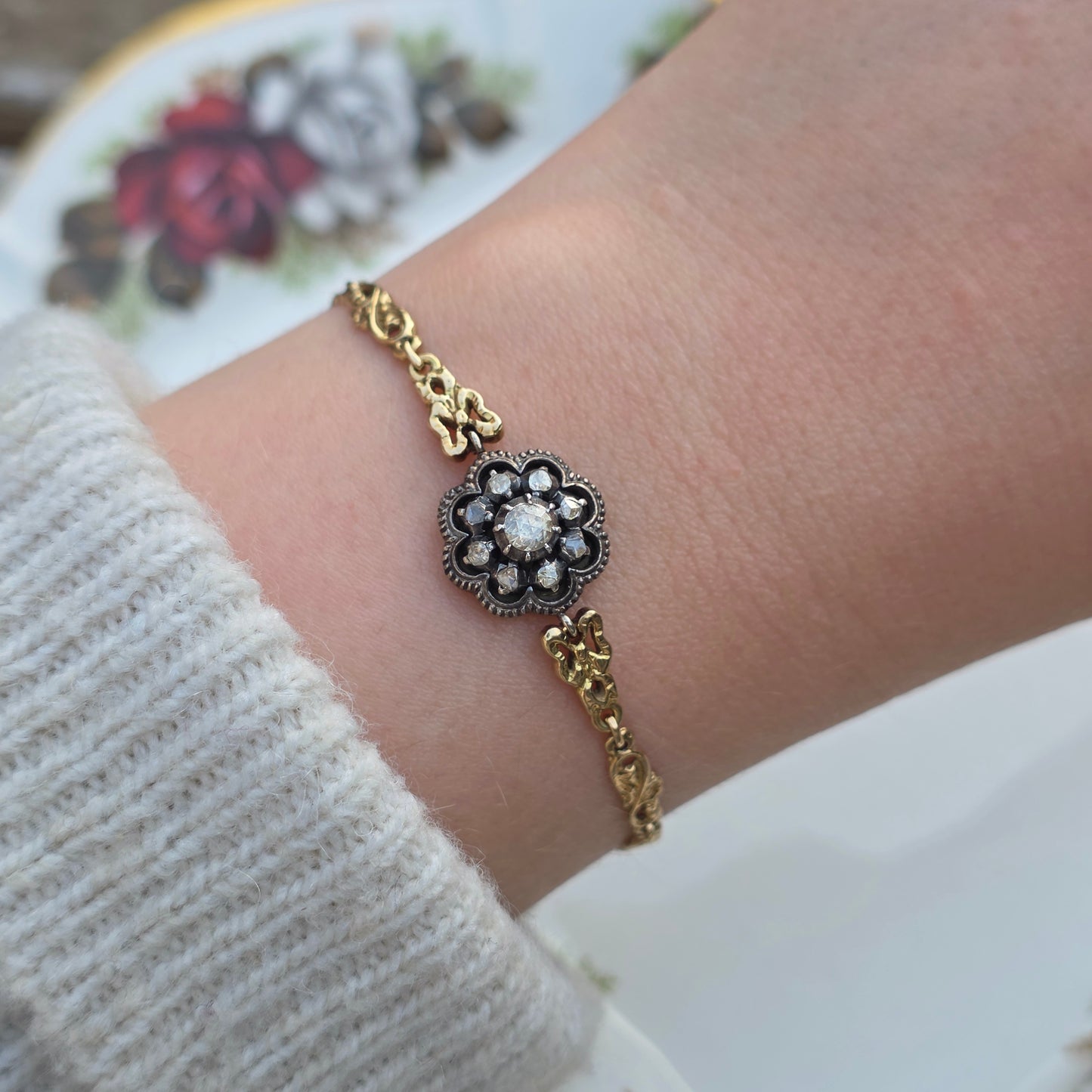 Antieke 14k gouden en zilver roosdiamant armband