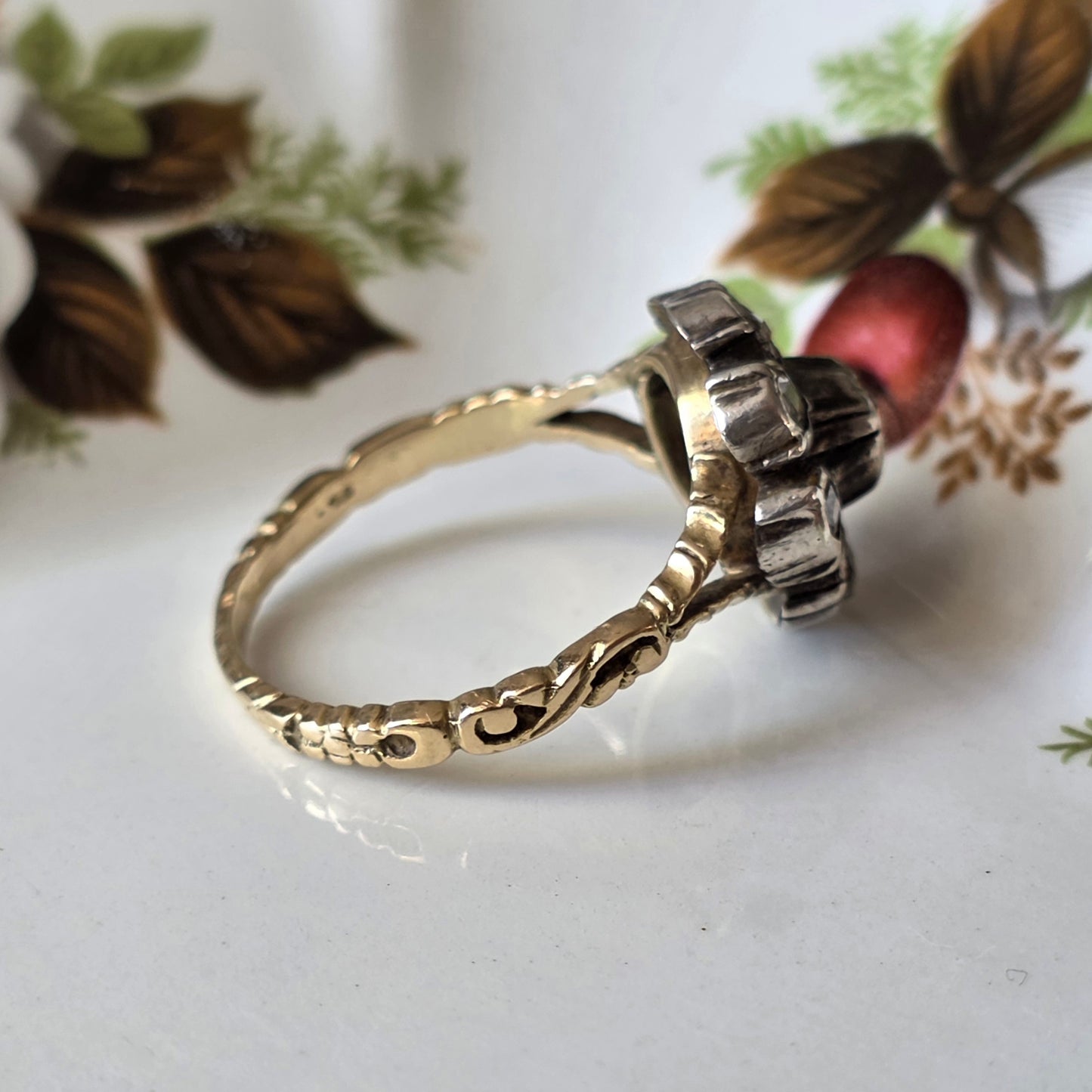 Antieke 14k gouden en zilver ring roosdiamant bloem