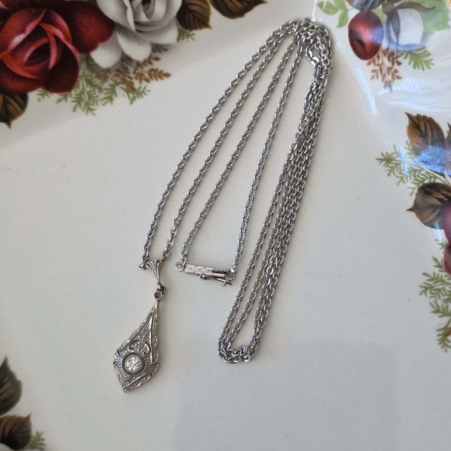 Antieke 14k wit gouden Art Deco diamant ketting