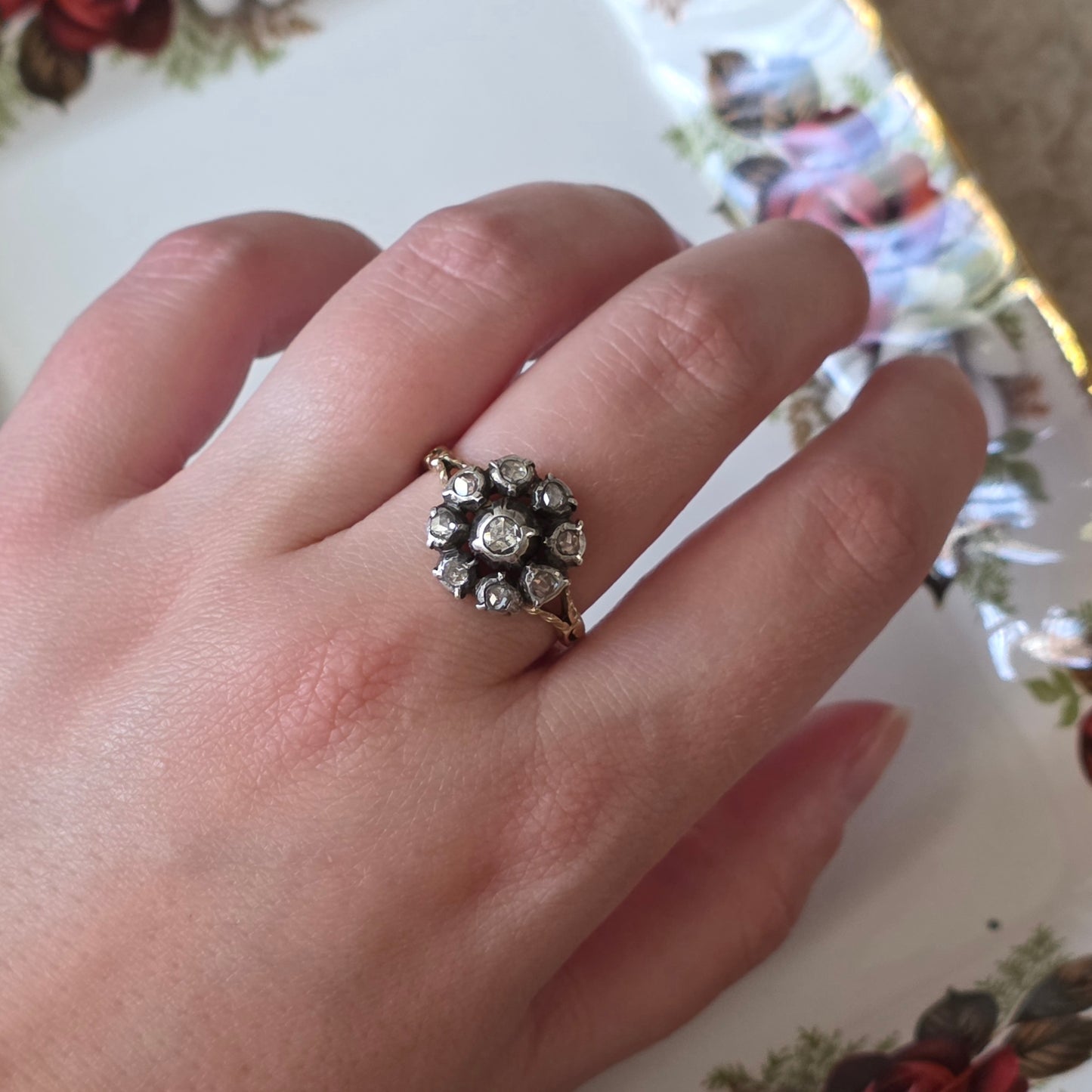 Antieke 14k gouden en zilver ring roosdiamant bloem