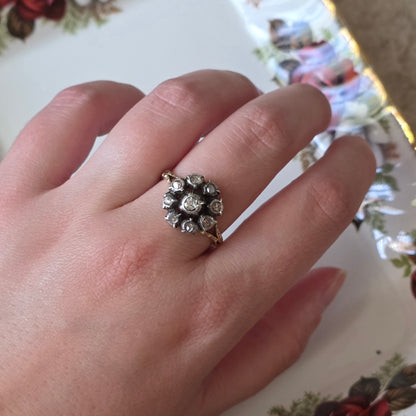 Antieke 14k gouden en zilver ring roosdiamant bloem