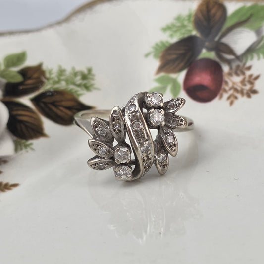 Antieke 14k witgouden ring diamanten bloemen