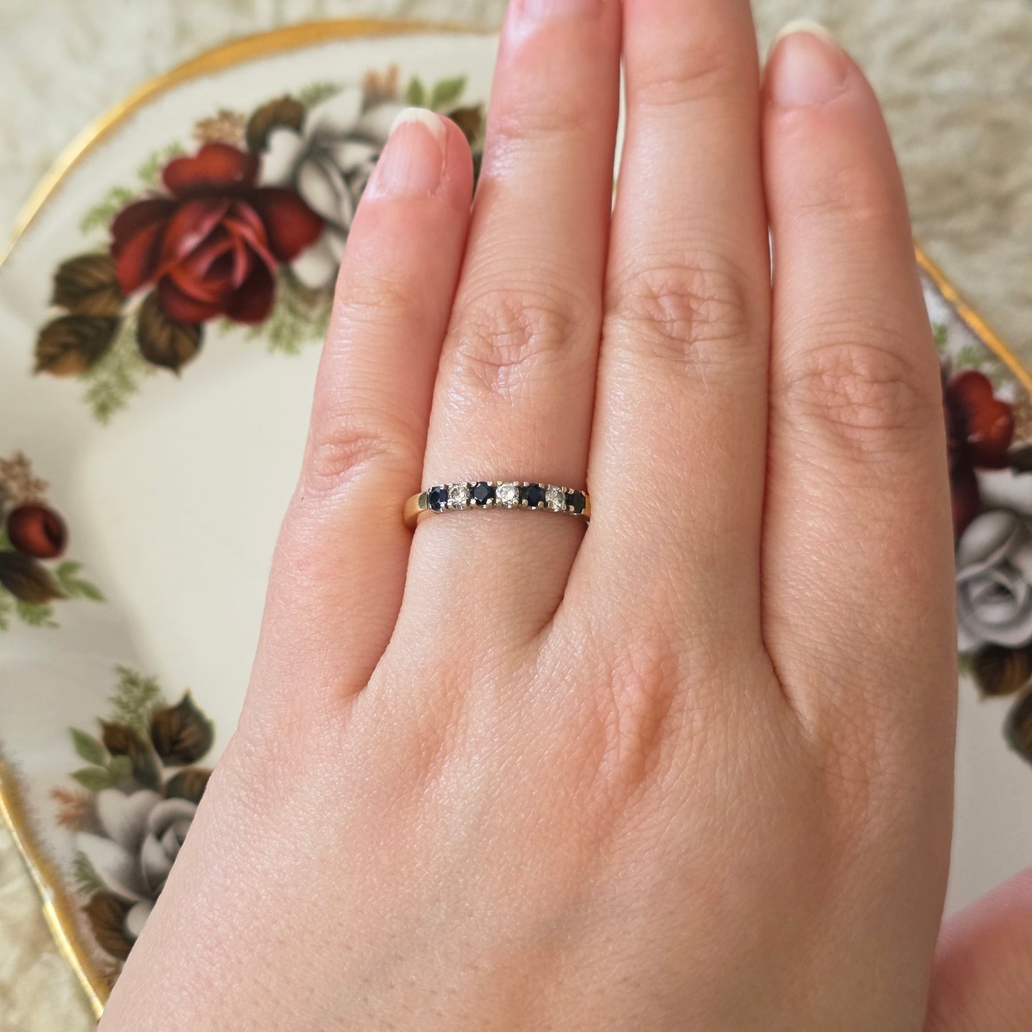 Vintage 14k gouden ring met saffier en diamant 0.12ct