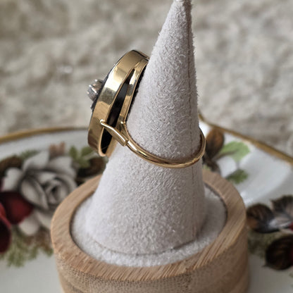 Antieke 14k gouden ring met onyx, robijnen en roosdiamant