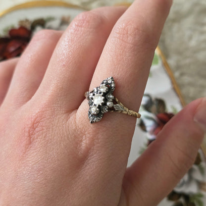 Antieke 14k gouden en zilver ring roosdiamant navette