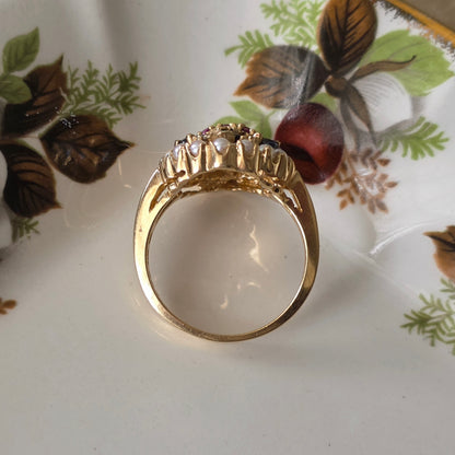 Vintage 14k ring saffier robijn diamant en zaadparels Franklin Mint