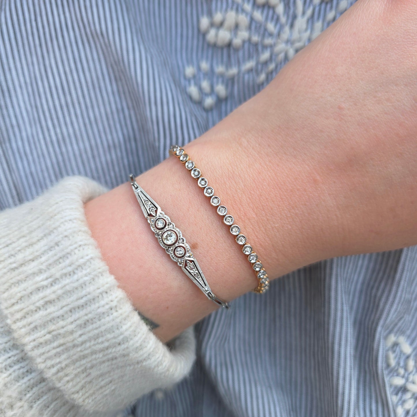Antieke 14k wit gouden Art Deco diamanten armband
