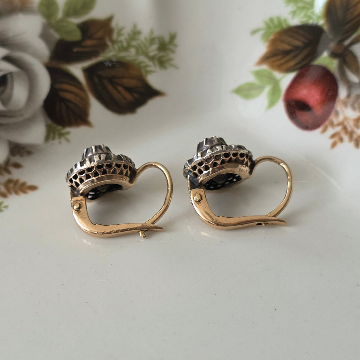 Antique 14k gold and silver rose-cut diamond dormeuse earrings