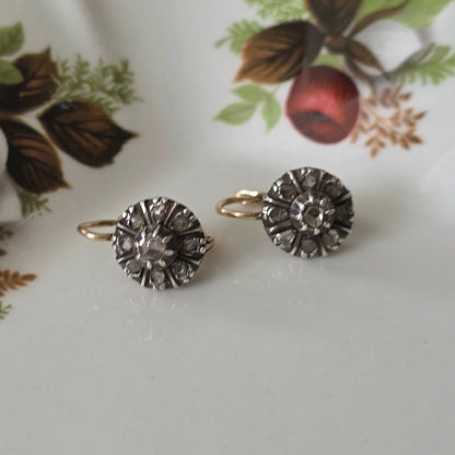 Antique 14k gold and silver rose-cut diamond dormeuse earrings
