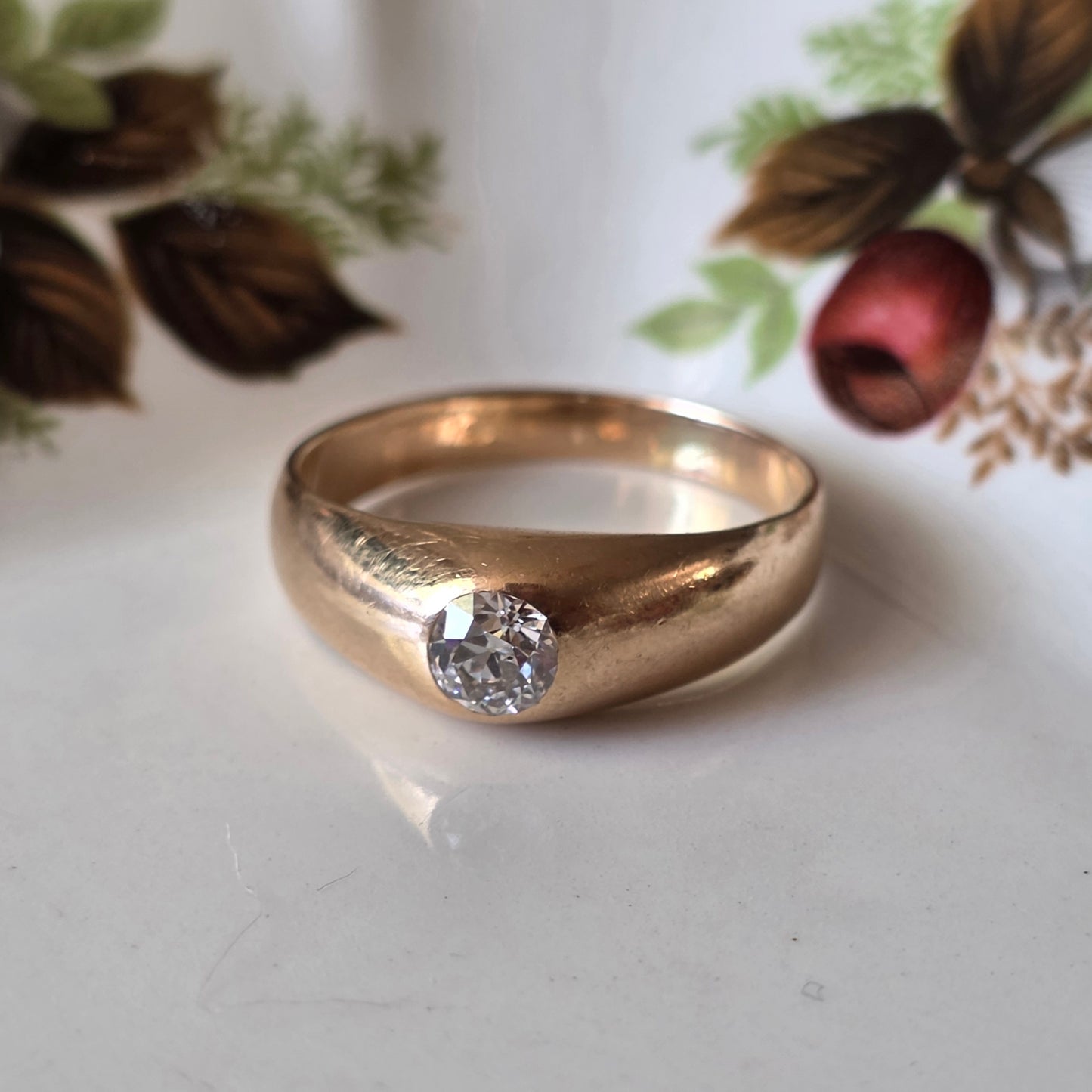 Antieke 14k gouden gypsy bombe ring old European cut diamant 0.4ct