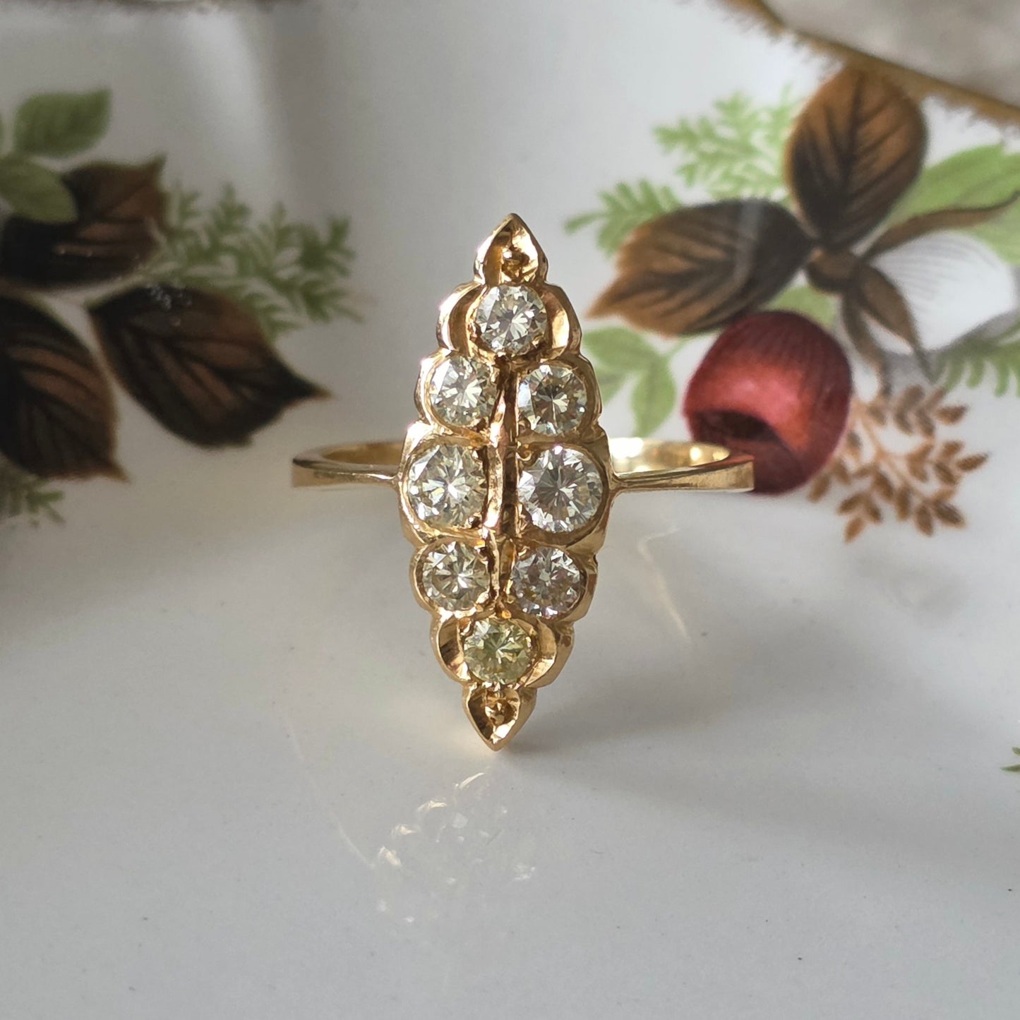 Vintage 20k gold navette ring with diamonds 0.46ct