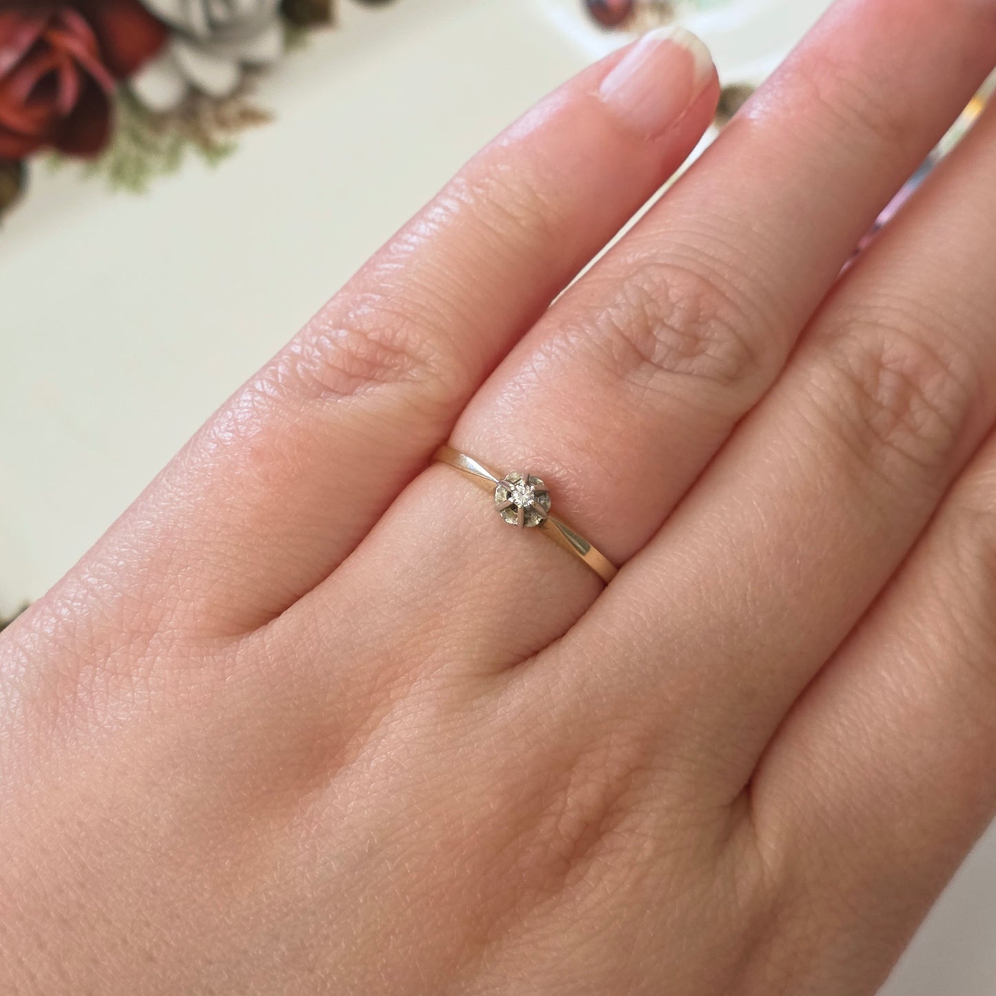 Vintage 14k gouden solitair verlovingsring diamant 0.02ct