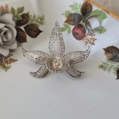 Antique silver filigree orchid brooch