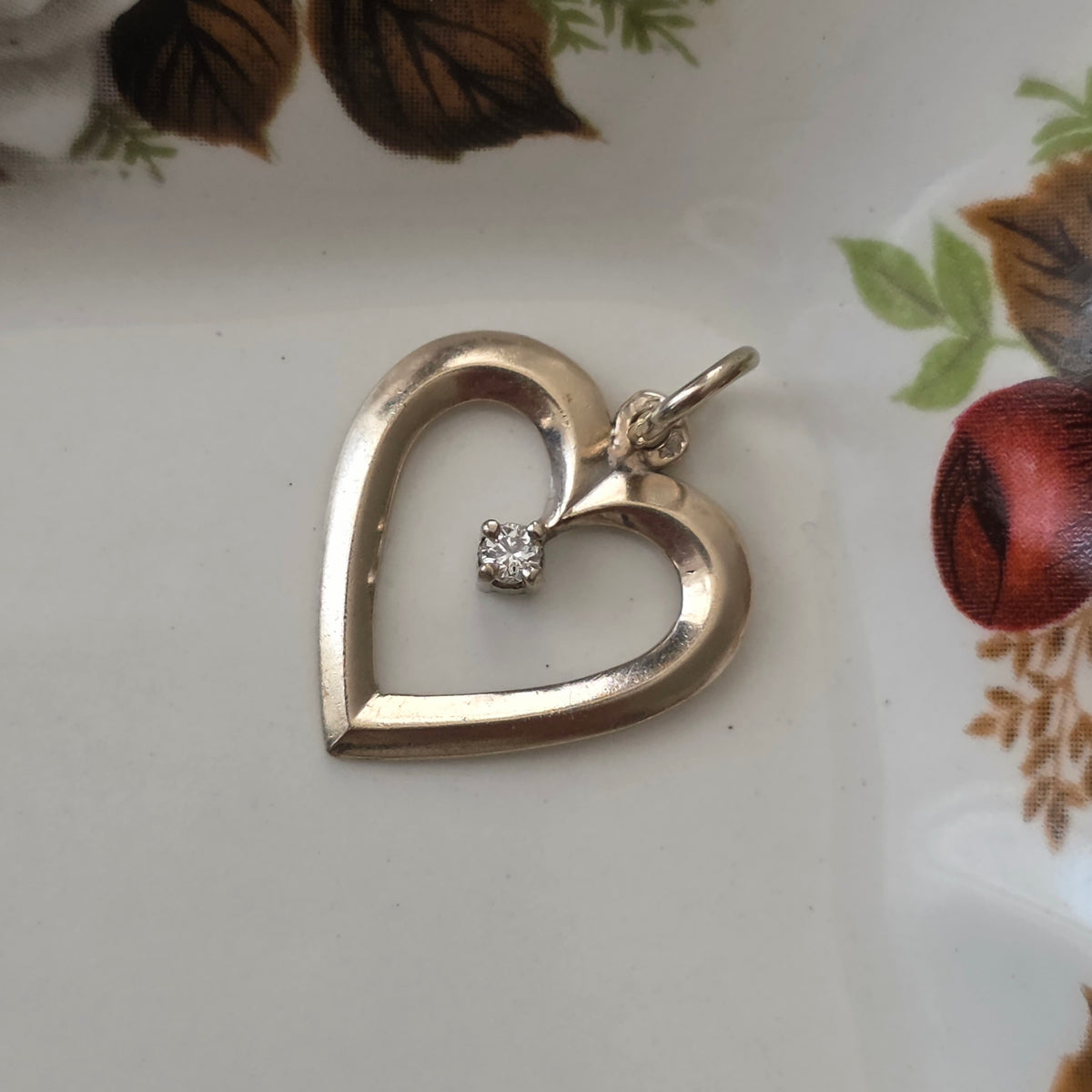 Vintage 14k witgouden hanger hart diamant 0.03ct