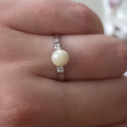 Vintage 14k witgouden ring met parel en diamanten