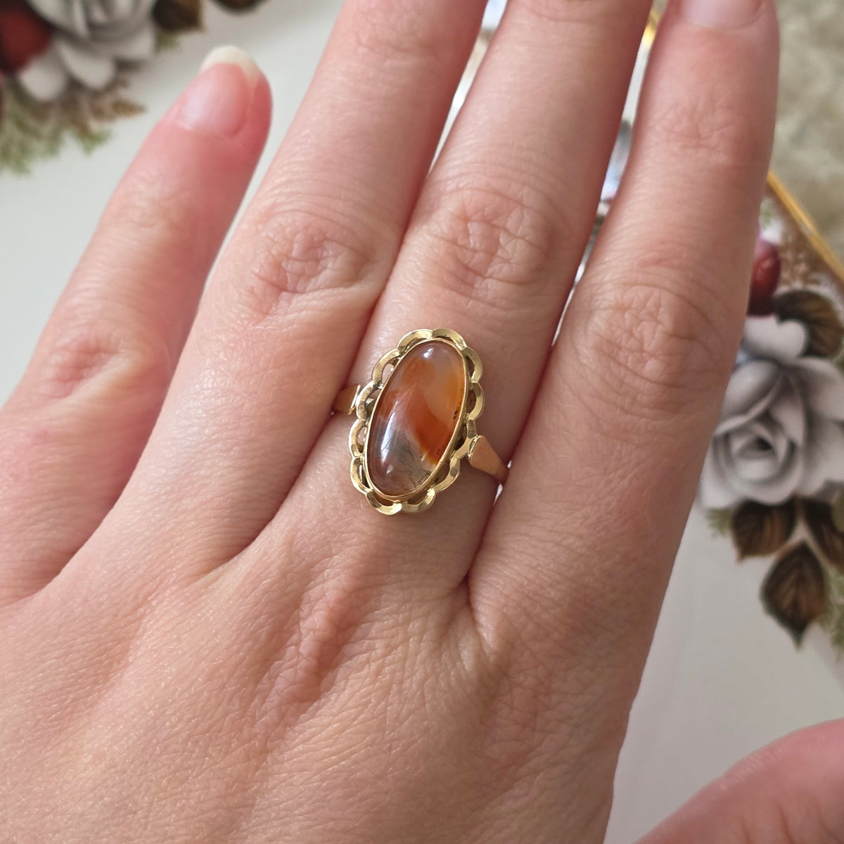 Vintage 14k gouden ring met mosagaat
