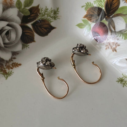 Antieke 14k gouden en zilver roosdiamant oorhangers