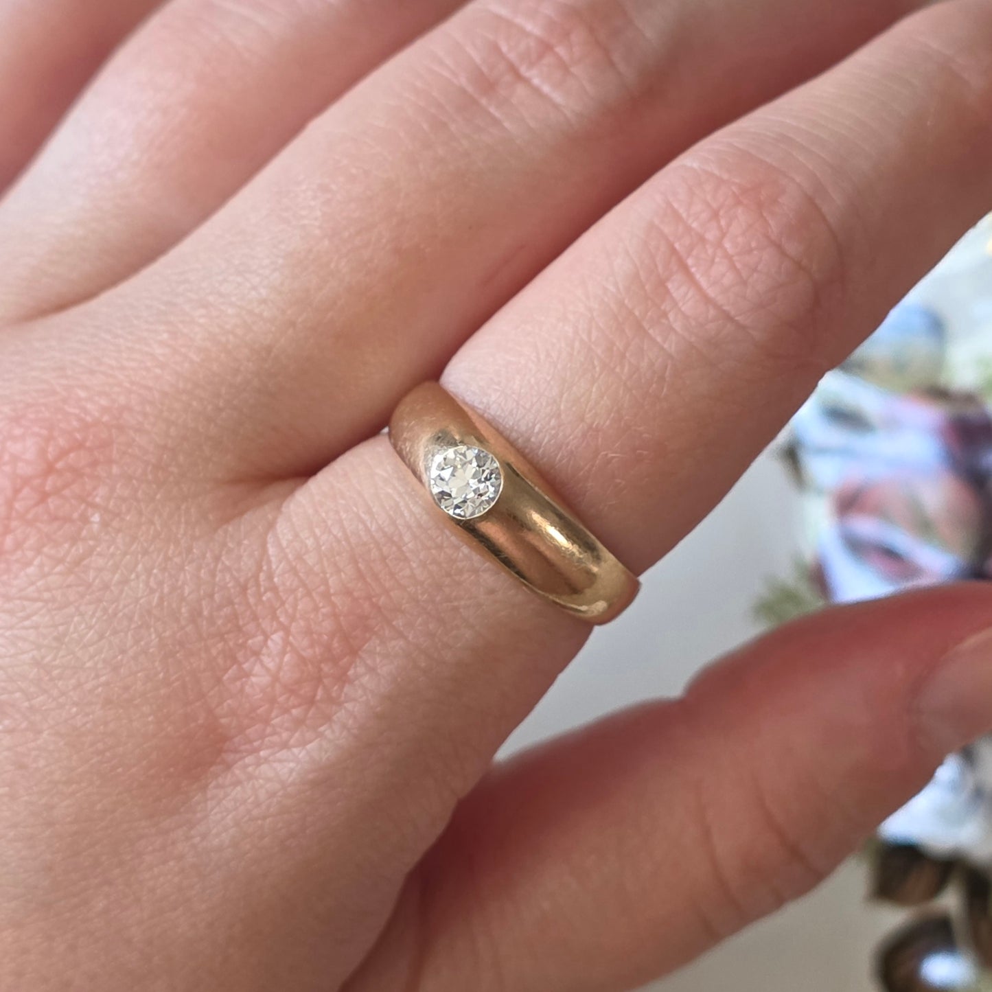 Antieke 14k gouden gypsy bombe ring old European cut diamant 0.4ct