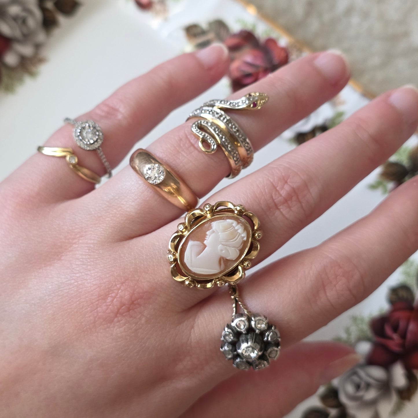 Antieke 14k gouden en zilver ring roosdiamant bloem