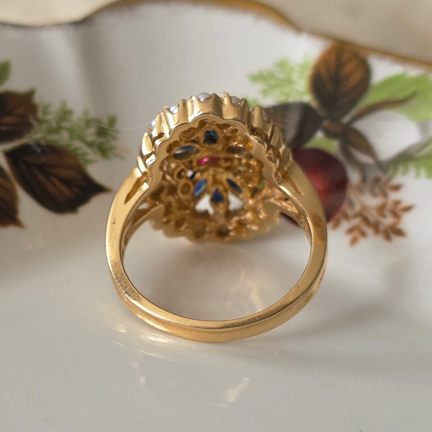 Vintage 14k ring saffier robijn diamant en zaadparels Franklin Mint