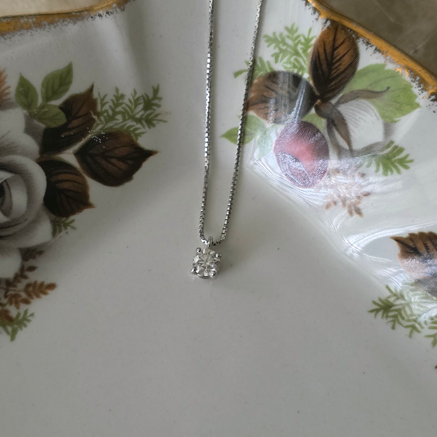 Vintage 18k witgouden ketting met diamant solitair 0.2ct