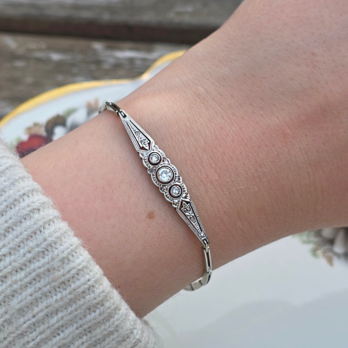 Antieke 14k wit gouden Art Deco diamanten armband