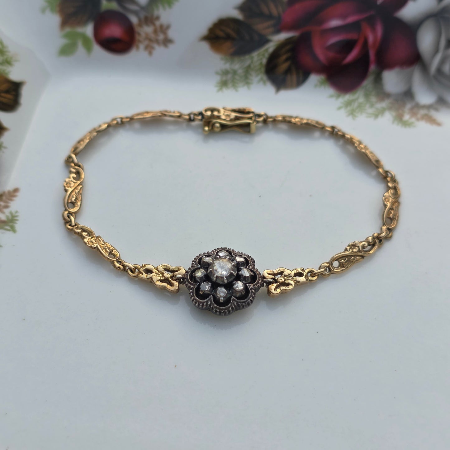 Antieke 14k gouden en zilver roosdiamant armband