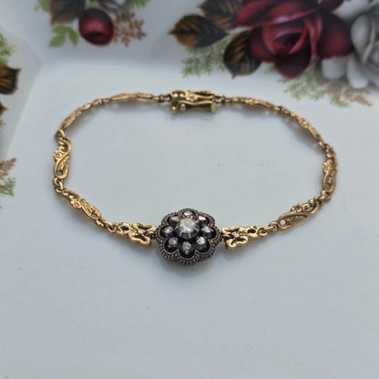 Antieke 14k gouden en zilver roosdiamant armband