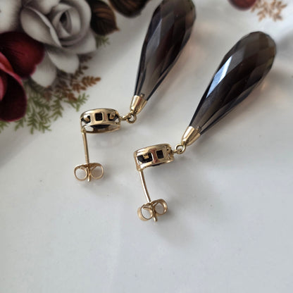 Vintage 14k gouden oorhangers rook kwarts