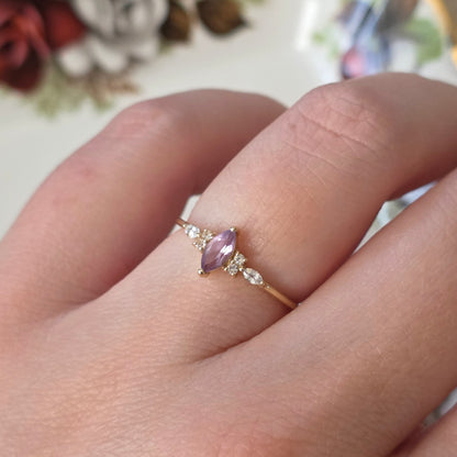 Vintage 14k gouden ring met amethist en kwarts