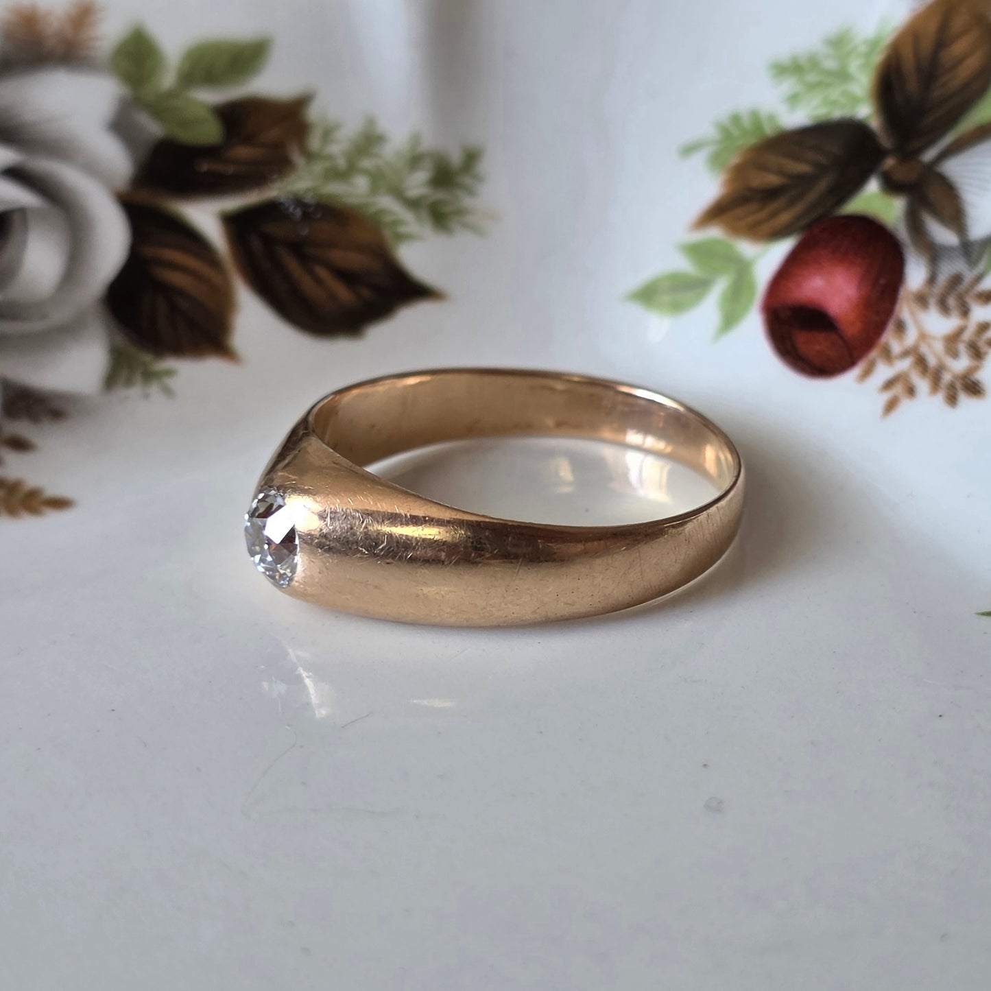 Antieke 14k gouden gypsy bombe ring old European cut diamant 0.4ct