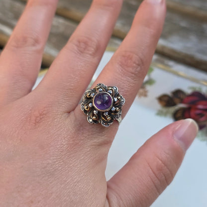 Antieke 14k gouden en zilver ring met amethist en diamantjes