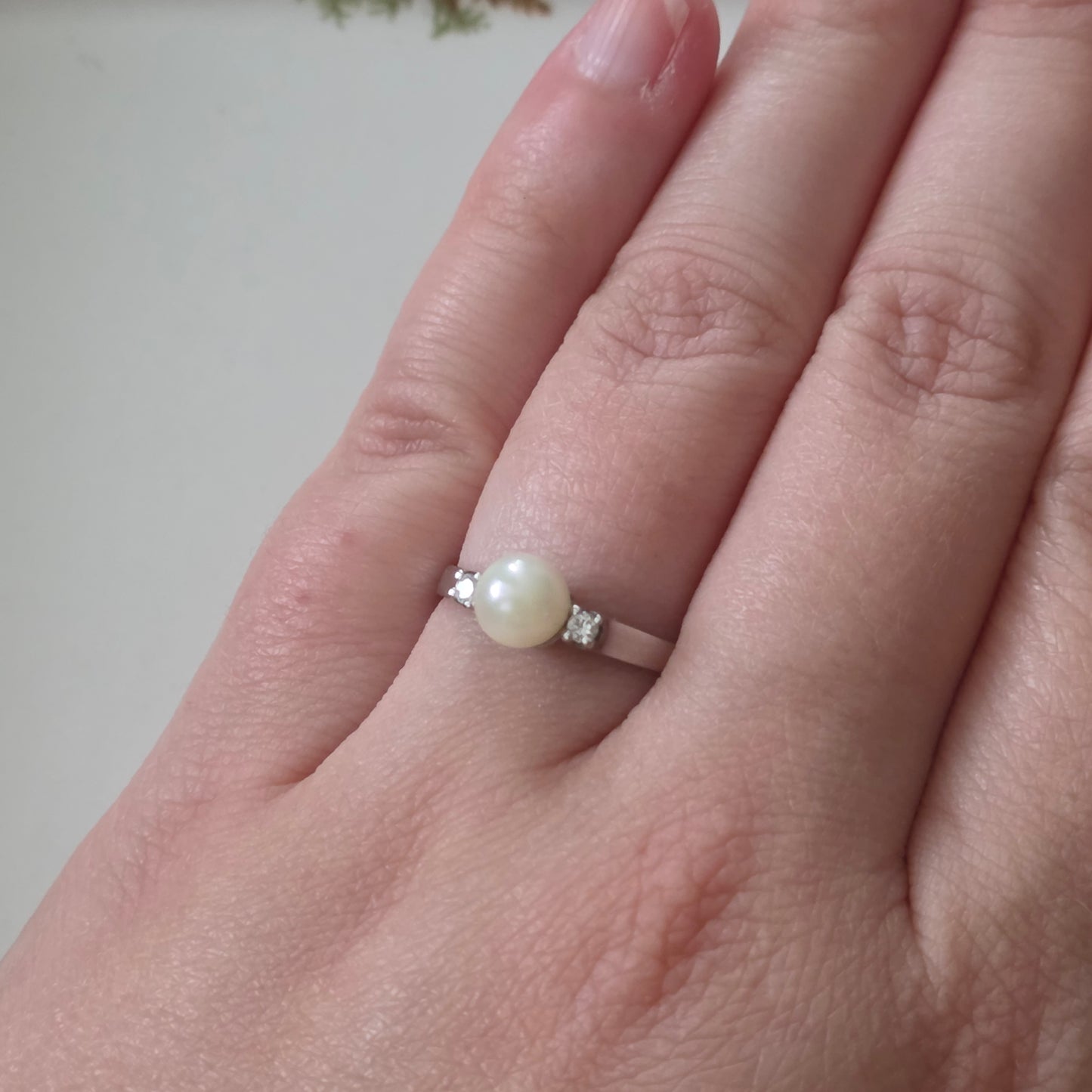 Vintage 14k witgouden ring met parel en diamanten