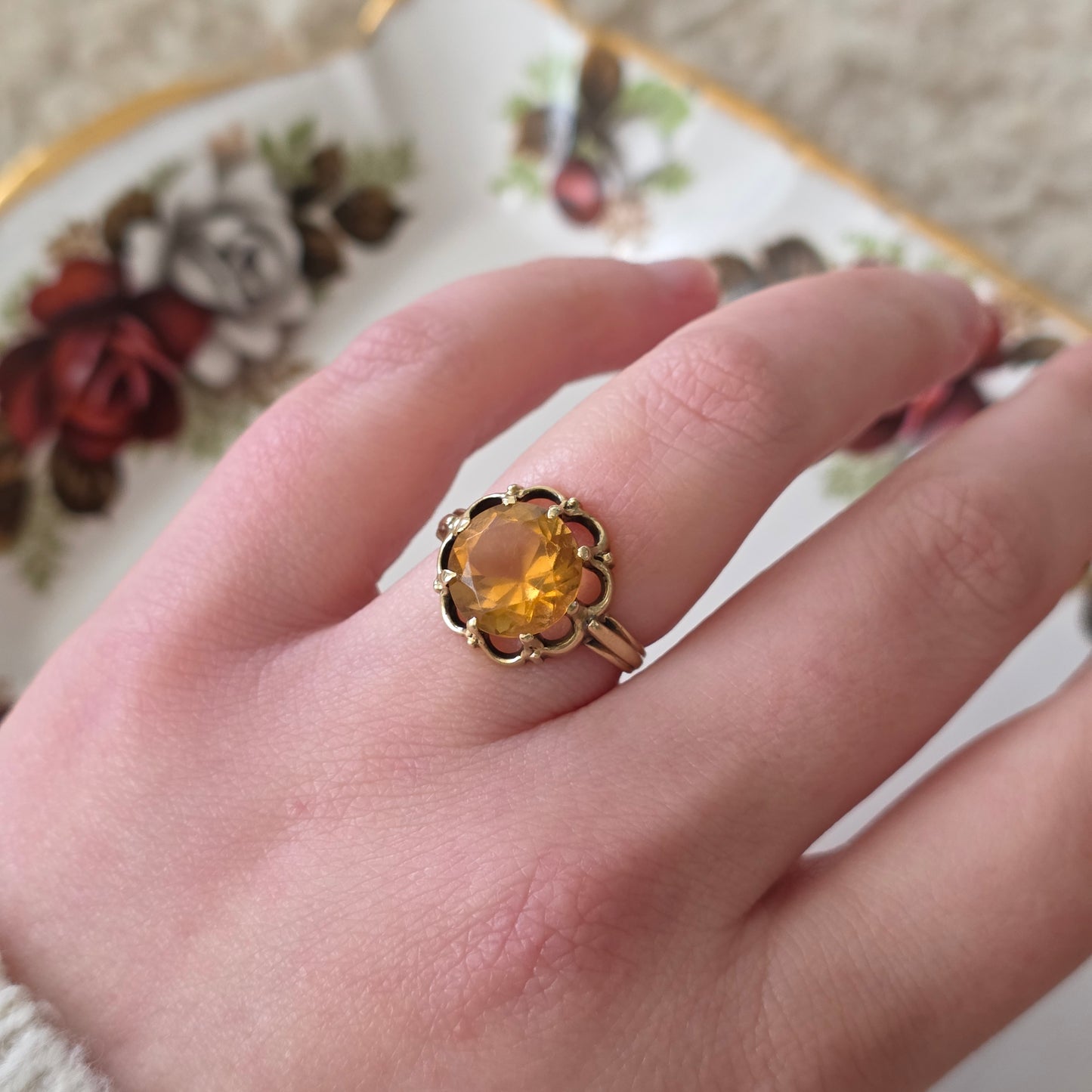 Vintage 14k gouden ring citrien bloem