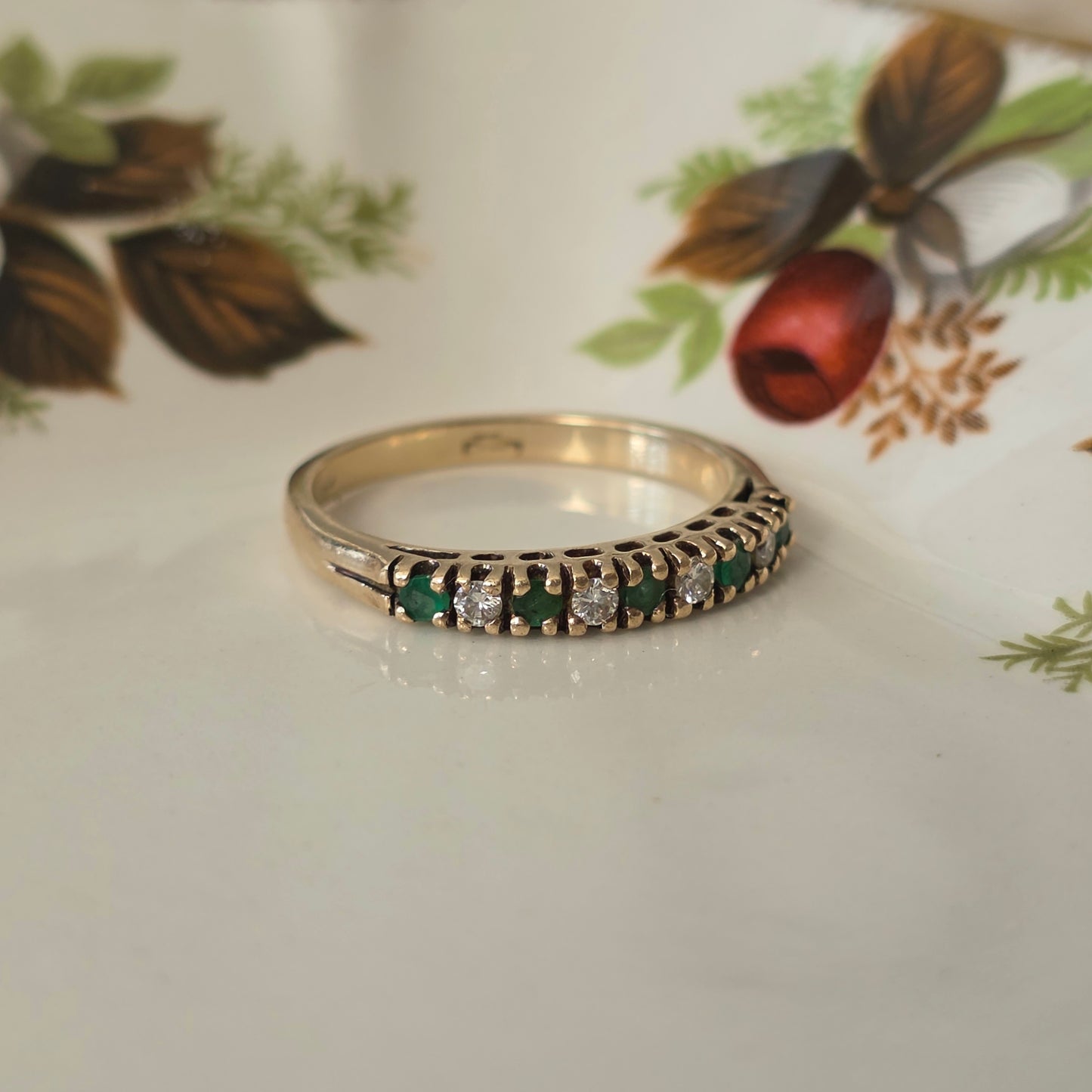Vintage 14k gouden ring met smaragd en diamant