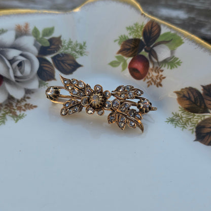 Antieke 14k gouden roosdiamant broche bloemtak en tremblant